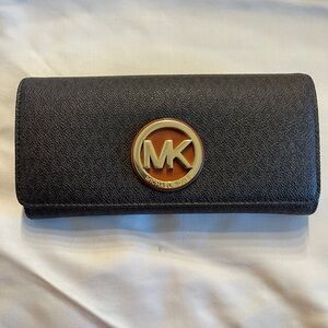 Michael Kors Leather Continental Wallet with Gold MK Emblem